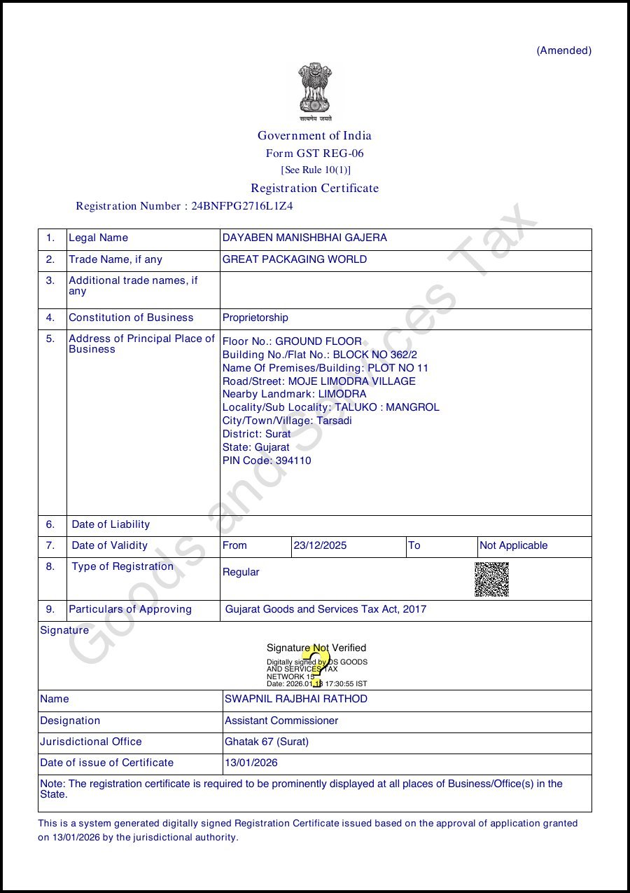 GST Registration certificate held by Great Packaging World